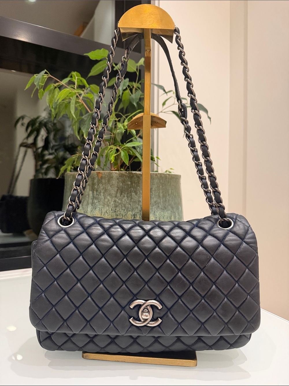 CHANEL Maxi Navy Quilted Single  Flap Shoulder Bag *Rare* Bubble Bag